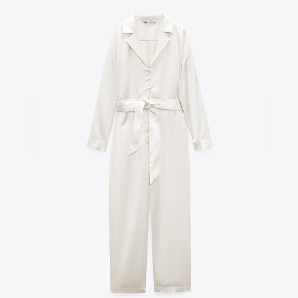 🤍 ZARA Oyster White Belted Satin Effect Crepe Jumpsuit sz XL - Picture 2 of 5